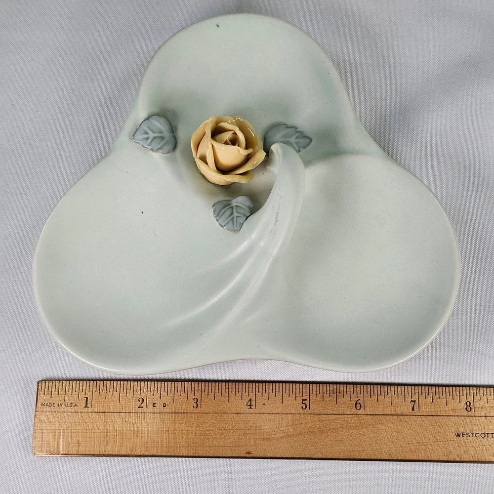 Vintage Ceramic Rose Trinket Dish Three Lobe Clover Jewelry Tray Celadon Green